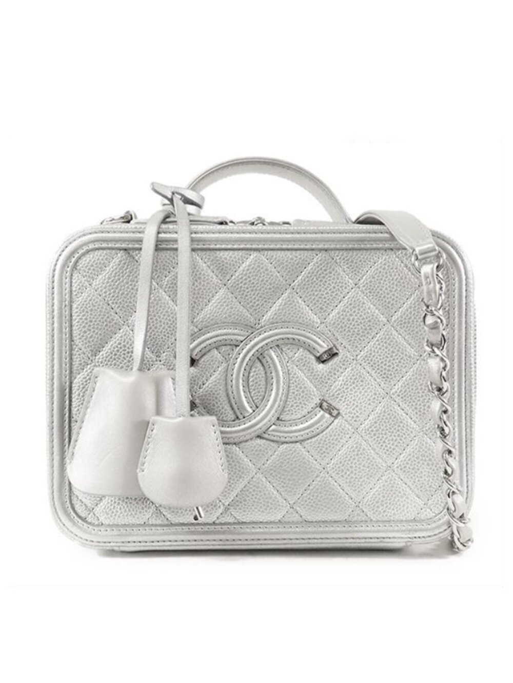 Chanel CC Figly Vanity Silver Caviar Leather 2-Way Shoulder Bag